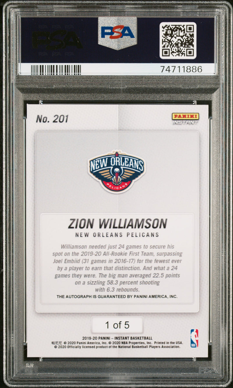 PSA 8 Zion Williamson 2019 Panini Instant #201 Auto Orange #1 of 5 Rookie Card New Orleans Pelicans