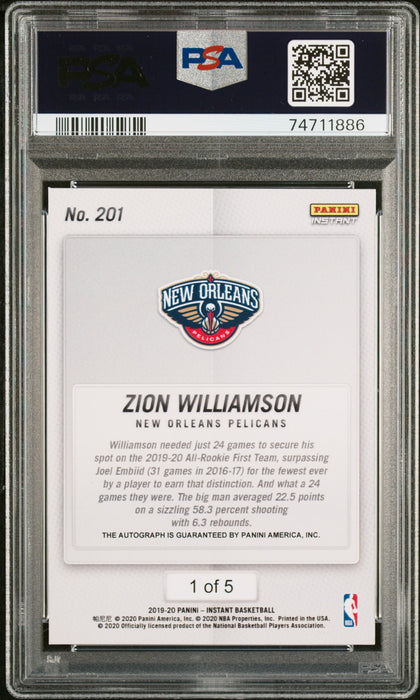 PSA 8 Zion Williamson 2019 Panini Instant #201 Auto Orange #1 of 5 Rookie Card