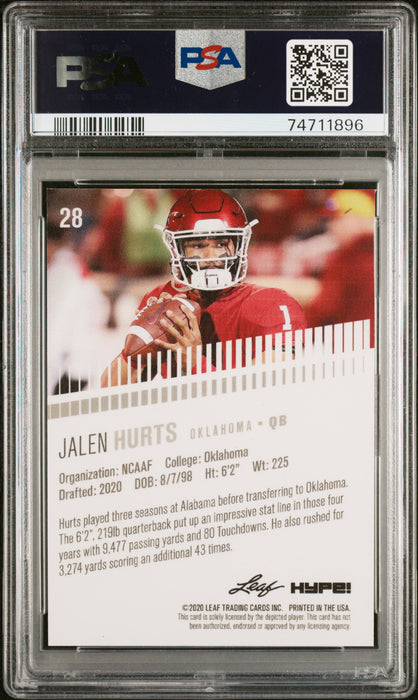 PSA 9 Jalen Hurts 2020 Leaf Hype #28 Purple Shimmer 1/1 Rookie Card