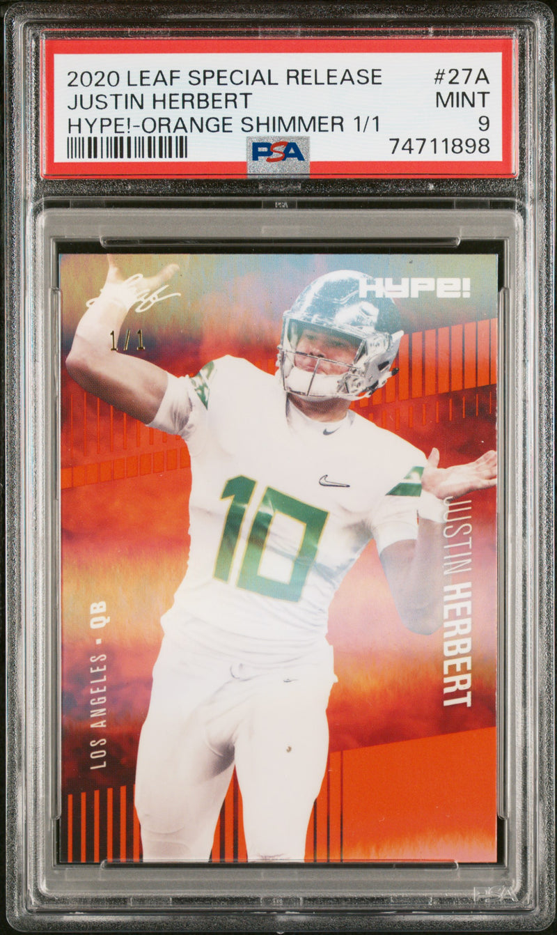 PSA 9 Justin Herbert 2020 Leaf Hype #27A Orange Shimmer 1/1 Rookie Card Los Angeles Chargers