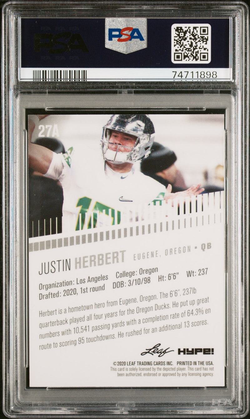 PSA 9 Justin Herbert 2020 Leaf Hype #27A Orange Shimmer 1/1 Rookie Card Los Angeles Chargers