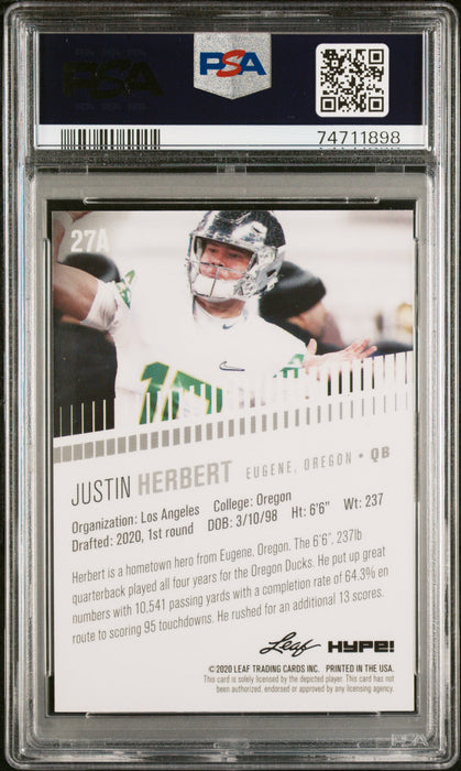 PSA 9 Justin Herbert 2020 Leaf Hype #27A Orange Shimmer 1/1 Rookie Card