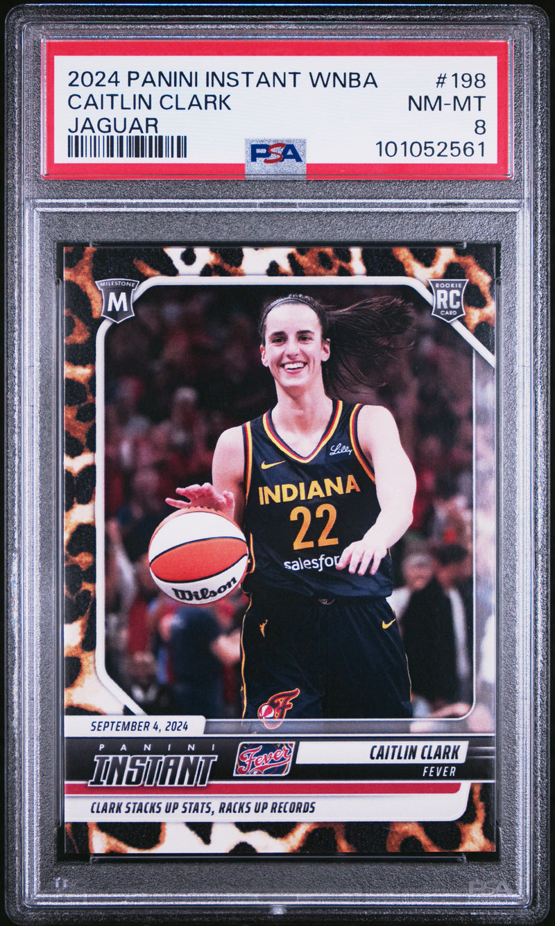 PSA 8 Caitlin Clark 2024 Panini Instant #198 Jaguar SP #7 of 10 Rookie Card Indiana Fever