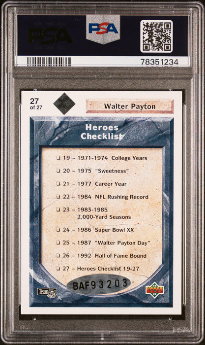 PSA 9 Walter Payton 1992 Upper Deck Heroes #27 Autograph 579/2800 Rare Trading Card