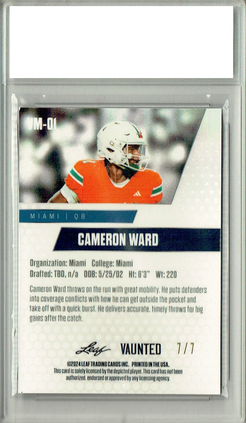 Cameron Cam Ward Rookie Card Tennessee Football Trading Card 2024 Leaf Vaunted Metal #VM-01 Black 7 Made  Certified Mint+