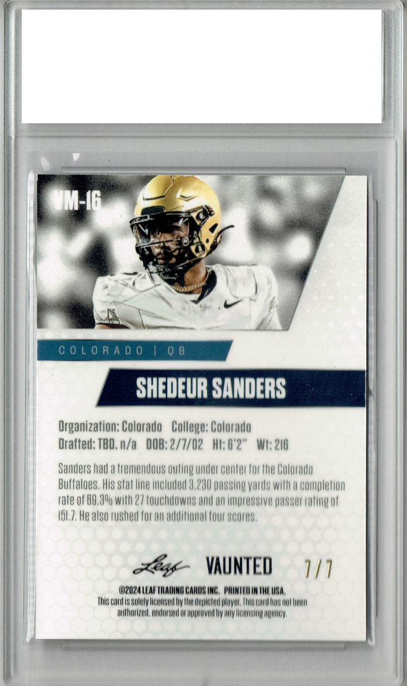 Shedeur Sanders 2024 Leaf Vaunted Metal #VM-16 Black 7 Made Rookie Card PGI 10