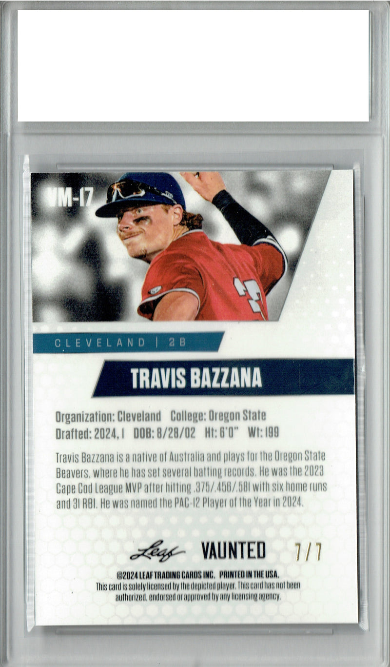 Certified Mint+ Travis Bazzana 2024 Leaf Vaunted Metal #VM-17 Black 7 Made Rookie Card Cleveland Guardians