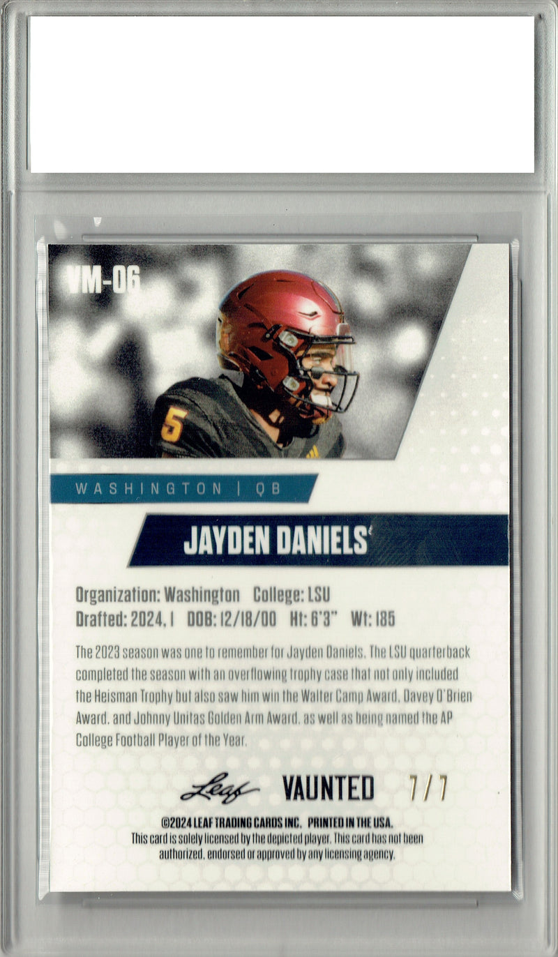 Certified Mint+ Jayden Daniels 2024 Leaf Vaunted Metal #VM-06 Black 7 Made Rookie Card Washington Commanders
