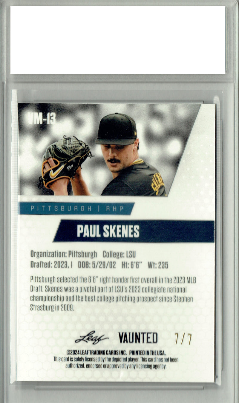 Certified Mint+ Paul Skenes 2024 Leaf Vaunted Metal #VM-13 Black 7 Made Rookie Card Pittsburgh Pirates