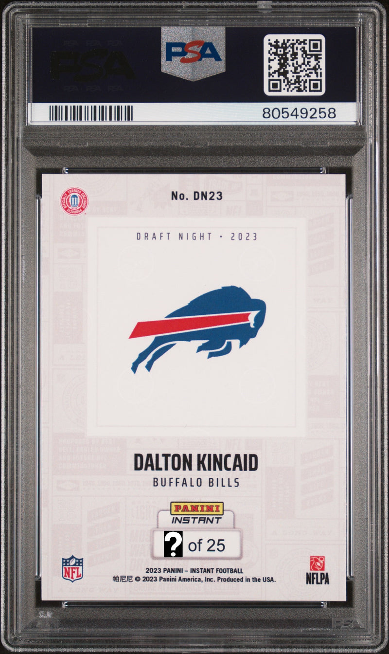 PSA 10 Dalton Kincaid 2023 Panini Instant #DN23 Draft Night - Red 25 Made Rookie Card Buffalo Bills