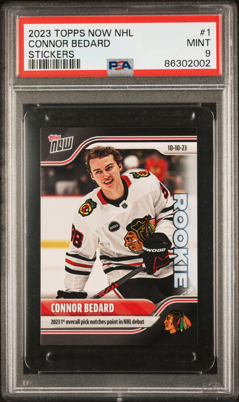 PSA 9 Connor Bedard 2023 Topps Now #1 NHL Debut Rookie/Sticker Card Chicago Blackhawks