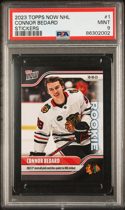 PSA 9 Connor Bedard 2023 Topps Now #1 NHL Debut Rookie/Sticker Card Blackhawks