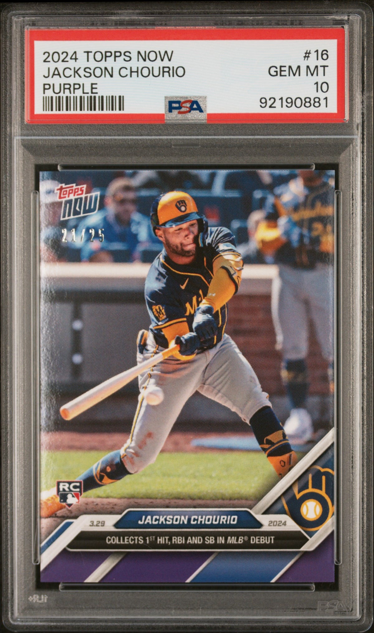 PSA 10 Jackson Chourio 2024 Topps Now #16 Purple SP #21/25 Rookie 