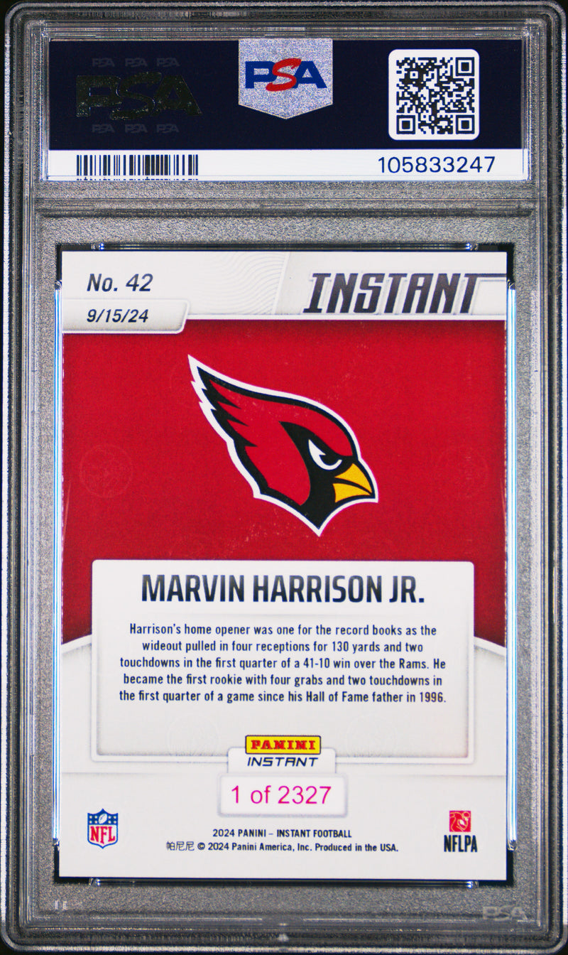 PSA 10 Marvin Harrison Jr. 2024 Panini Instant #42 Join Dad in Record Book Rookie Card Arizona Cardinals