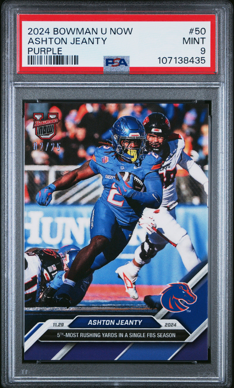 PSA 9 Ashton Jeanty 2024 Bowman University Now #50 Purple #2 of 25 Rookie Card Boise State