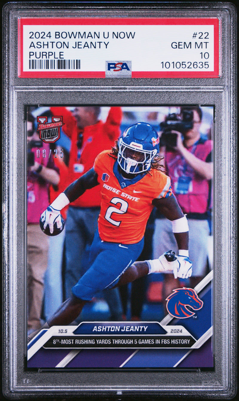 PSA 10 Ashton Jeanty 2024 Bowman University Now #22 Purple #8/25 Rookie Card Boise State Broncos