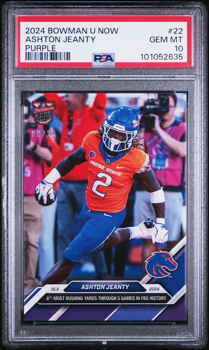 PSA 10 Ashton Jeanty 2024 Bowman University Now #22 Purple #8/25 Rookie Card