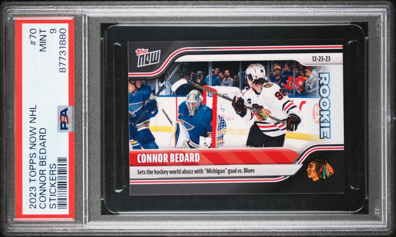 PSA 9 Connor Bedard 2023 Topps Now #70 Michigan Goal Rookie Card/Sticker Chicago