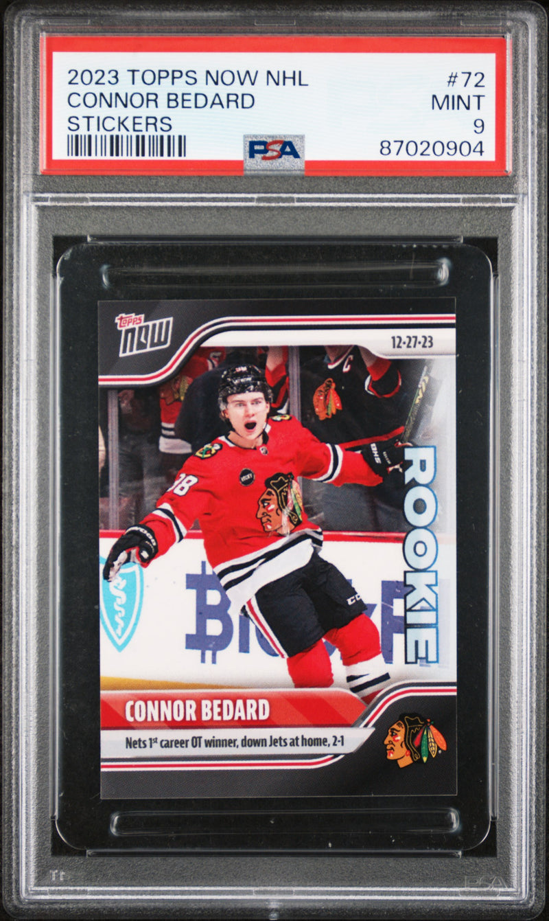 PSA 9 Connor Bedard 2023 Topps Now #72 OT Winner! Rookie Card/Sticker Blackhawks