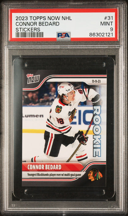PSA 9 Connor Bedard 2023 Topps Now #31 Youngest Blackhawks Rookie/Sticker Card