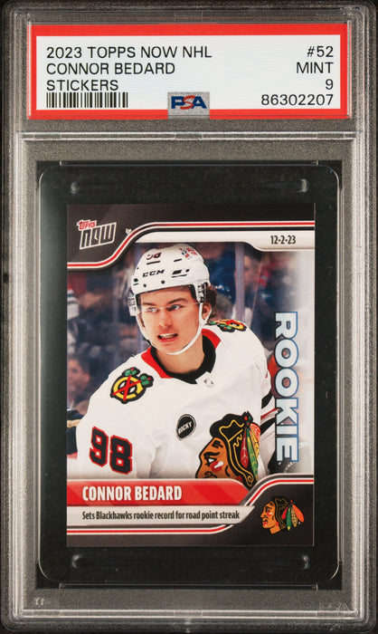 PSA 9 Connor Bedard 2023 Topps Now #52 Sets Blackhawk Record Rookie/Sticker Card