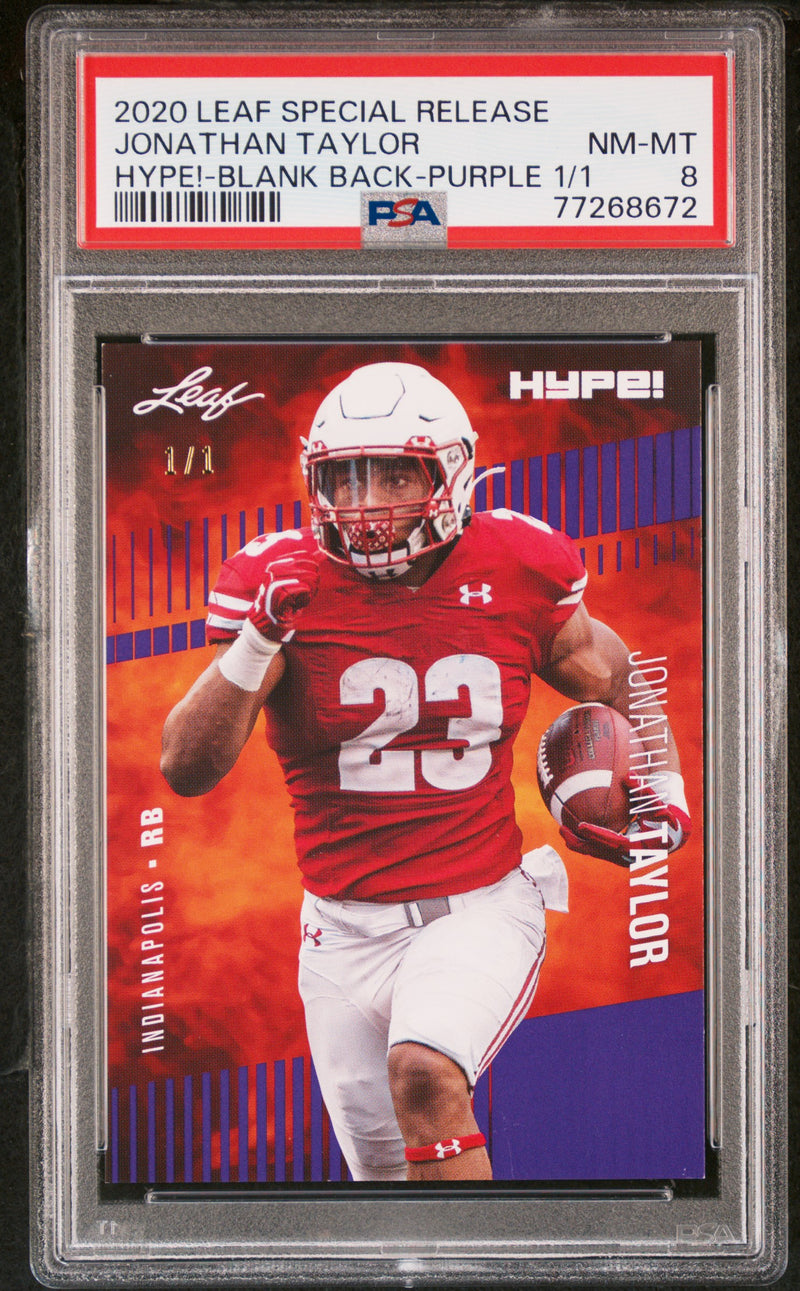 Jonathan Taylor Rookie Card Indianapolis PSA NM-MT 8 (Near Mint-Mint) Football Trading Card 2020 Leaf HYPE! #38 Blank Back-Purple 1/1