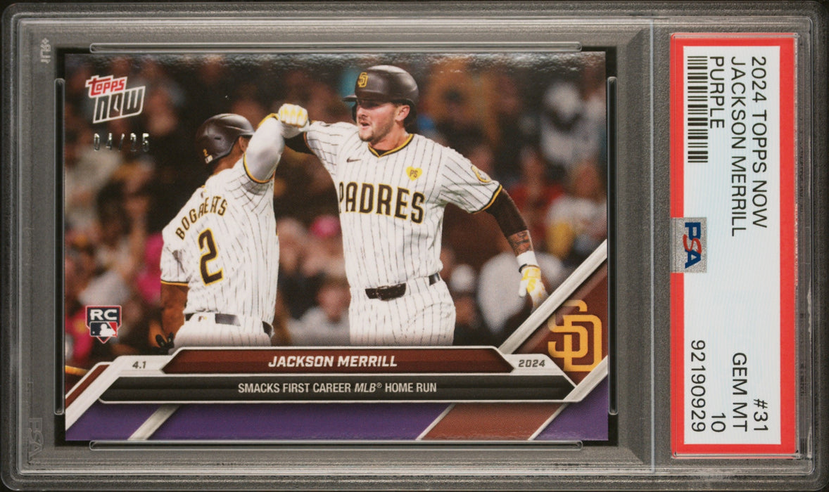 PSA 10 Jackson Merrill 2024 Topps Now #31 Purple SP #4/25 Rookie Card