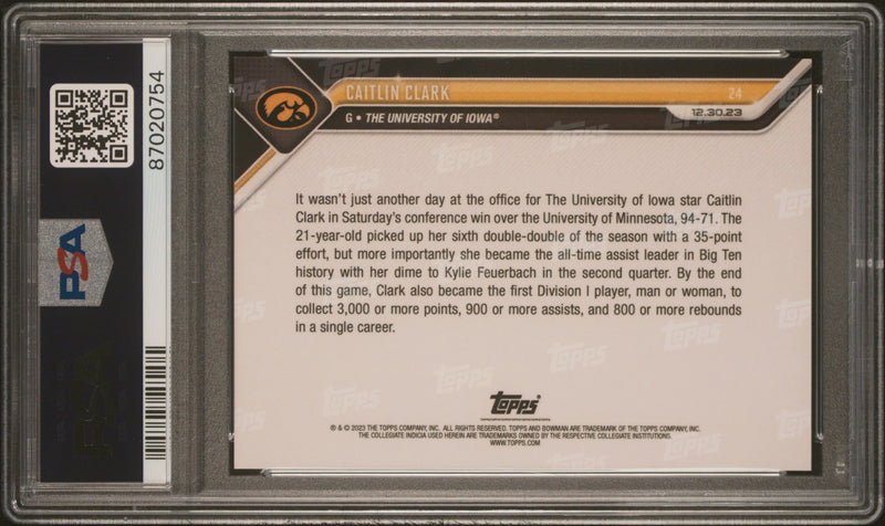 PSA 9 Caitlin Clark 2023 Bowman University Now #24 Purple SP #7/25 Rookie Card