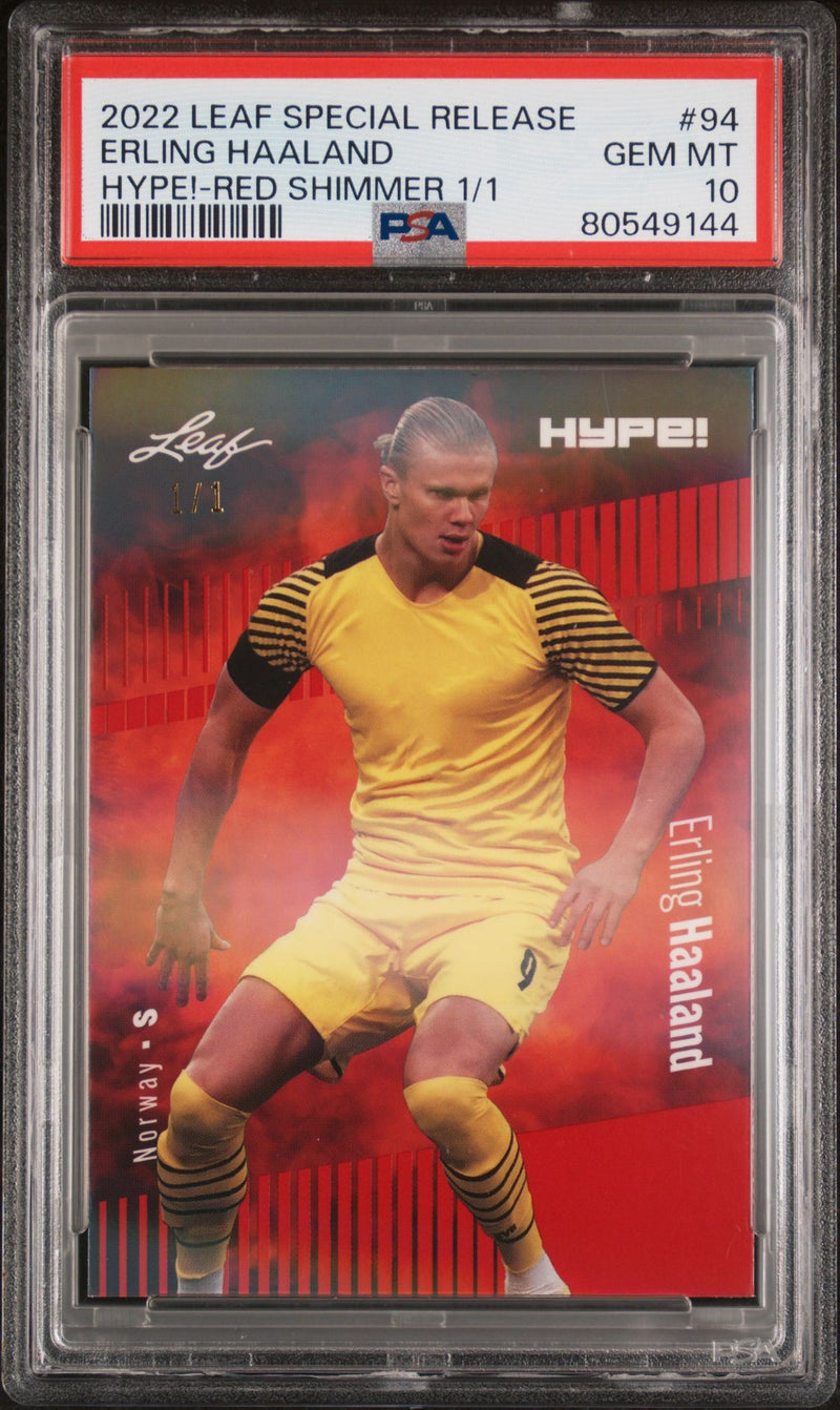 PSA 10 Erling Haaland 2022 Leaf Hype! #94 Red Shimmer 1/1 Rare Trading Card