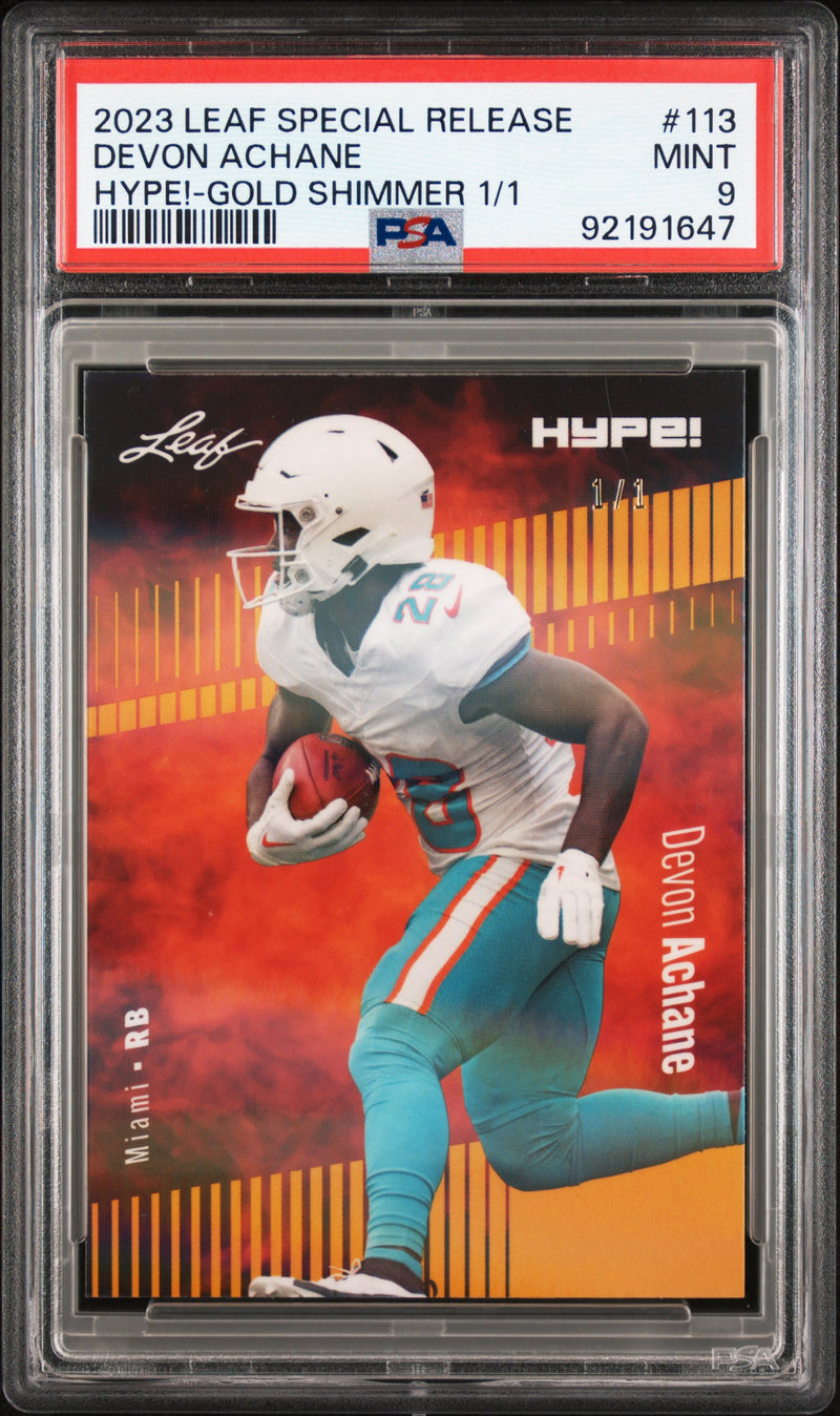 PSA 9 Devon Achane 2023 Leaf HYPE #113 Gold Shimmer 1/1 Rookie Card Miami Dolphins