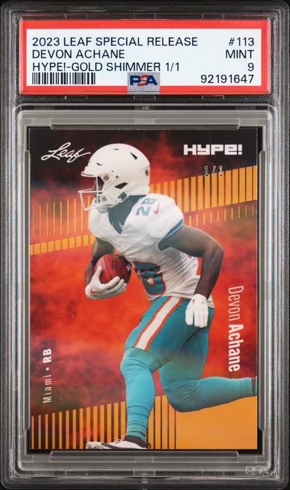 PSA 9 Devon Achane 2023 Leaf Hype! #113 Gold Shimmer 1/1 Rookie Card