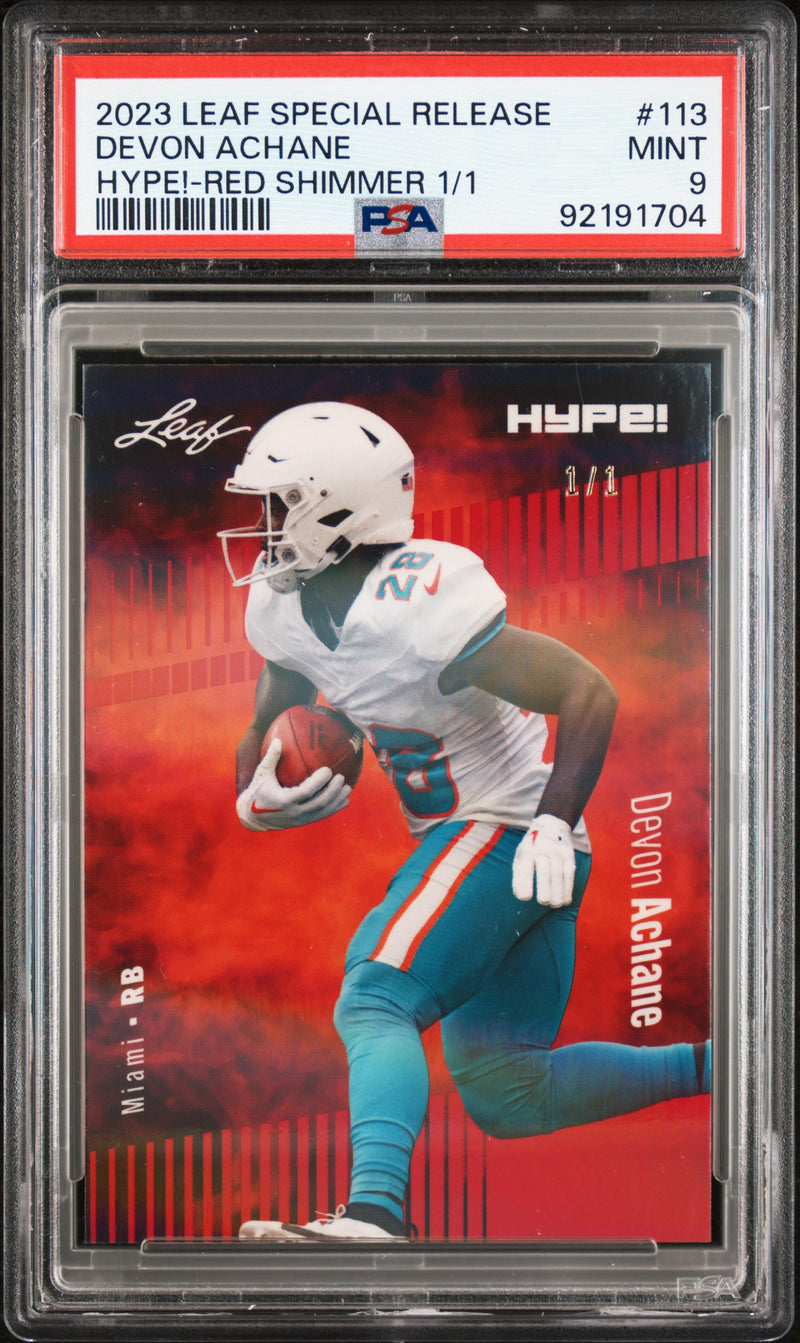 PSA 9 Devon Achane 2023 Leaf HYPE #113 Red Shimmer 1/1 Rookie Card Miami Dolphins