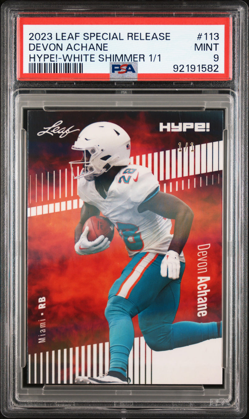 PSA 9 Devon Achane 2023 Leaf HYPE #113 White Shimmer 1/1 Rookie Card Miami Dolphins
