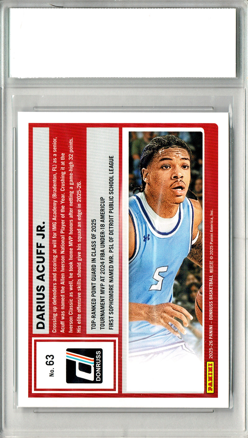 Darius Acuff Jr Rookie Card 2025 Donruss #63, PGI 10, Sacramento Kings Basketball
