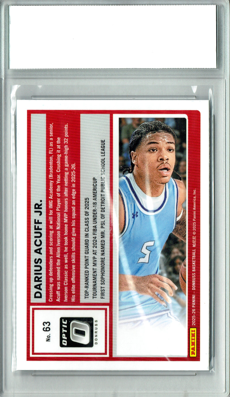 Darius Acuff Jr Rookie Card 2025 Donruss Optic #63, PGI 10, Sacramento Kings Basketball