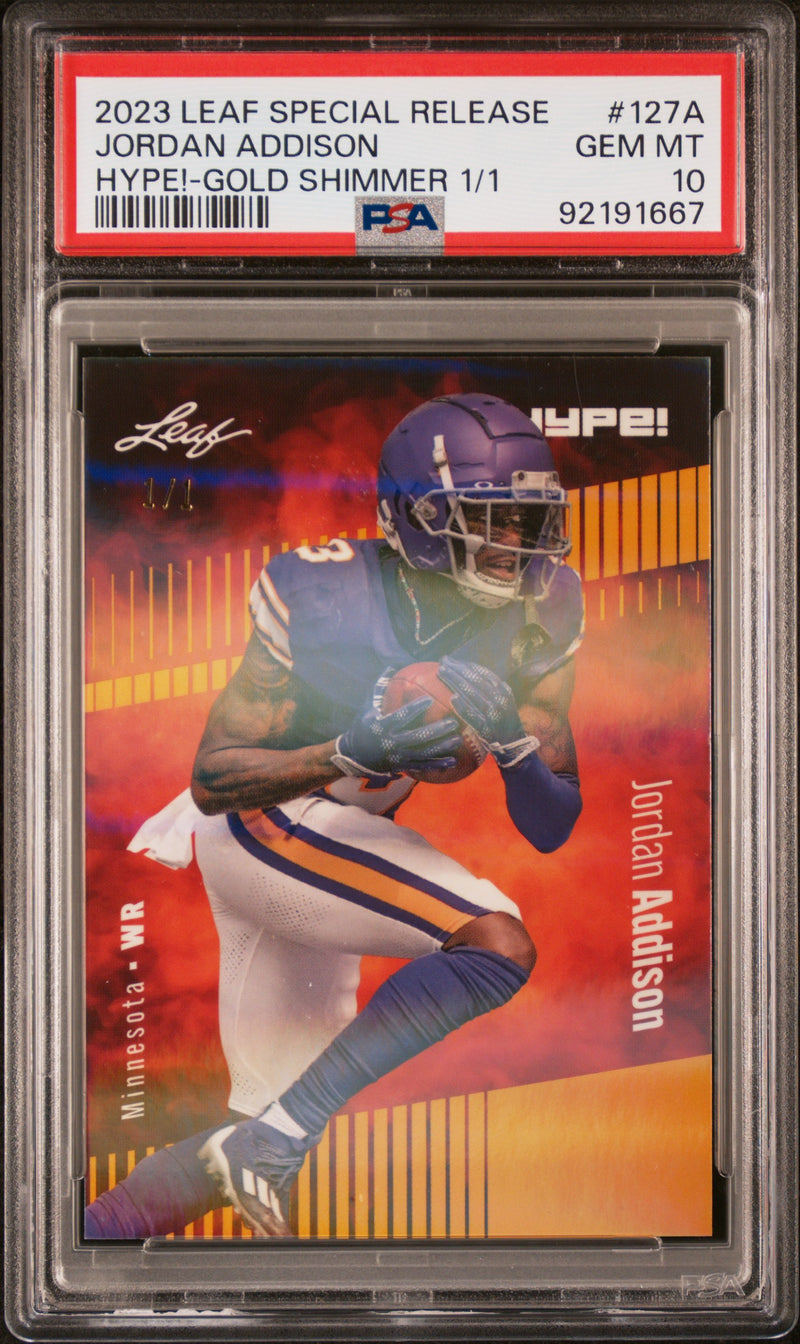 PSA 10 Jordan Addison 2023 Leaf HYPE #127A Gold Shimmer 1/1 Rookie Card Minnesota Vikings