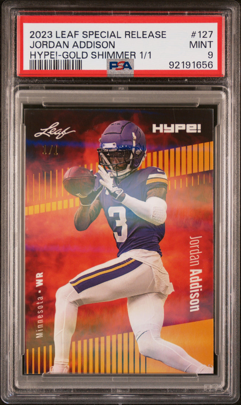 PSA 9 Jordan Addison 2023 Leaf HYPE #127 Gold Shimmer 1/1 Rookie Card Minnesota Vikings