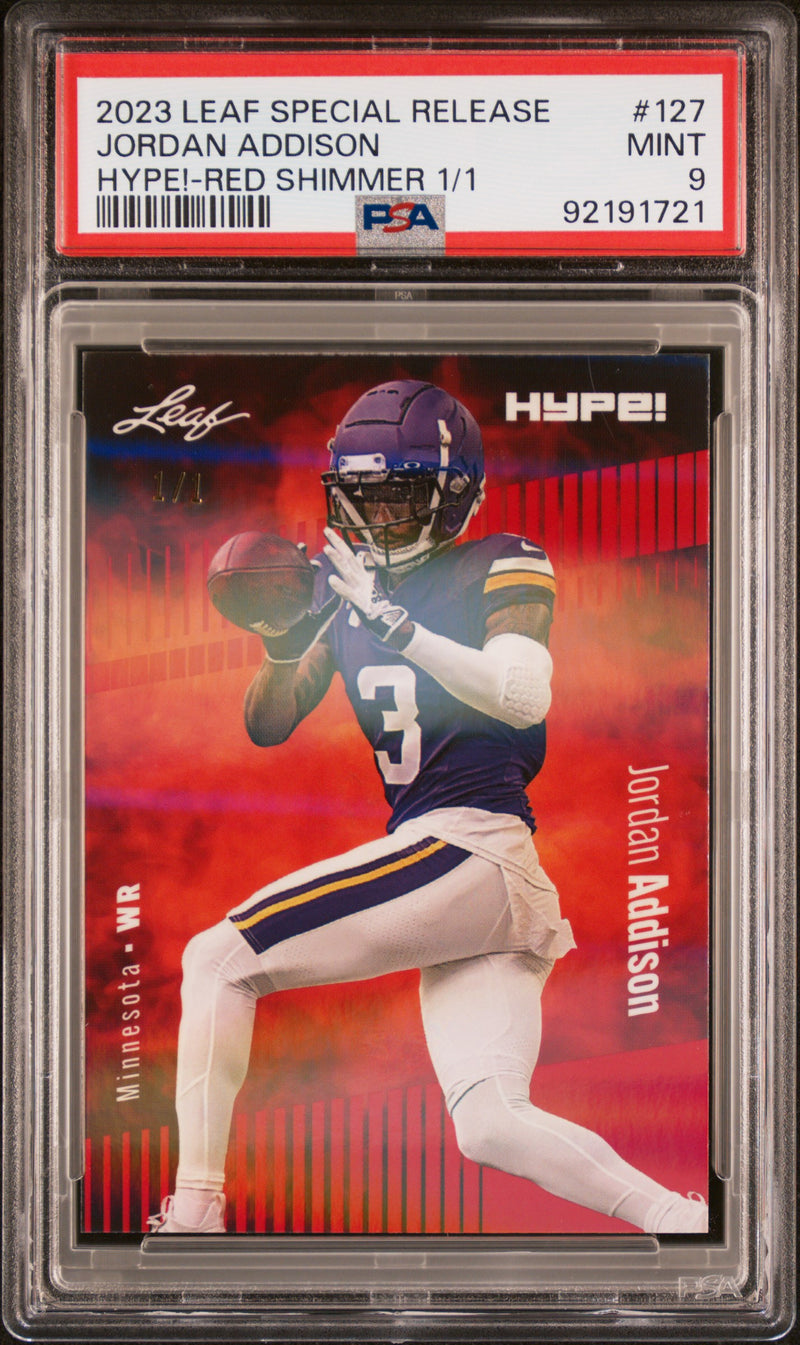 PSA 9 Jordan Addison 2023 Leaf HYPE #127 Red Shimmer 1/1 Rookie Card Minnesota Vikings