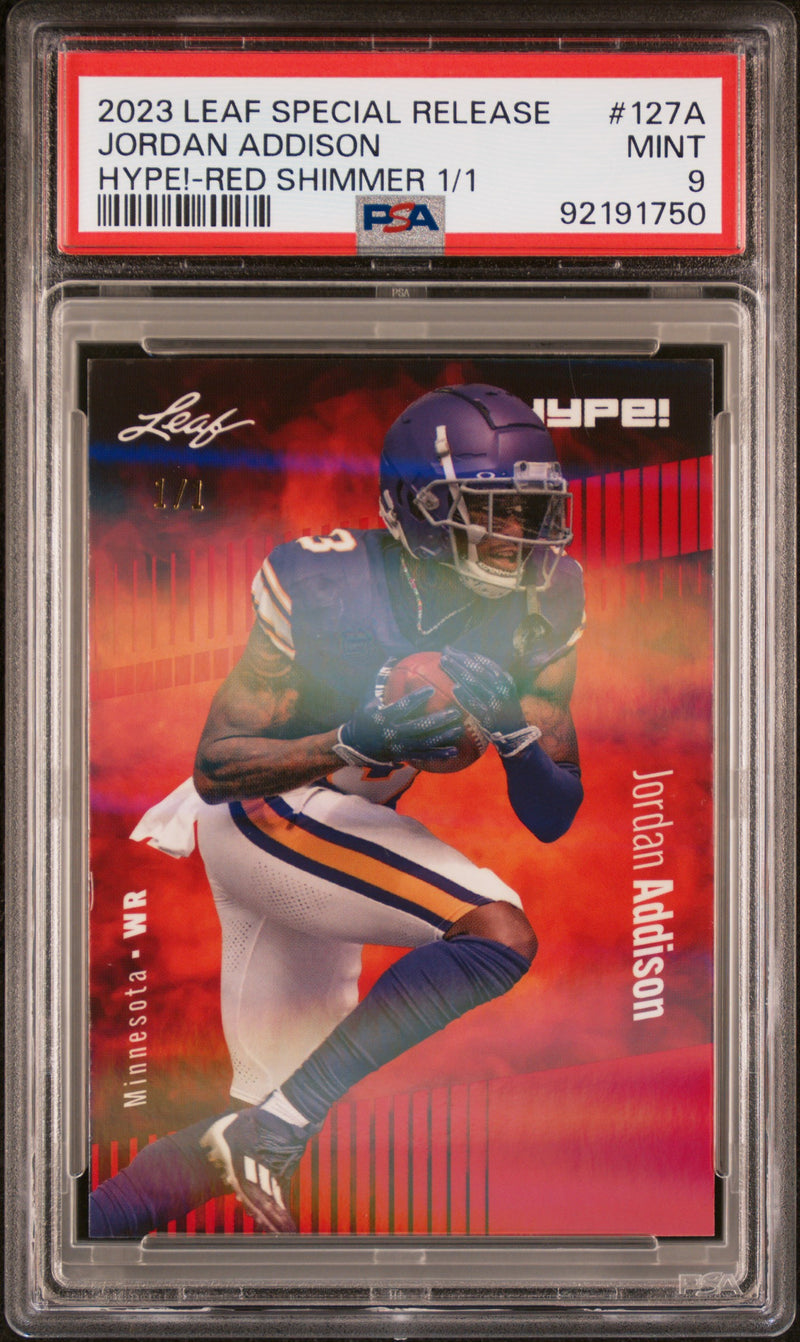 PSA 9 Jordan Addison 2023 Leaf HYPE #127A Red Shimmer 1/1 Rookie Card Minnesota Vikings