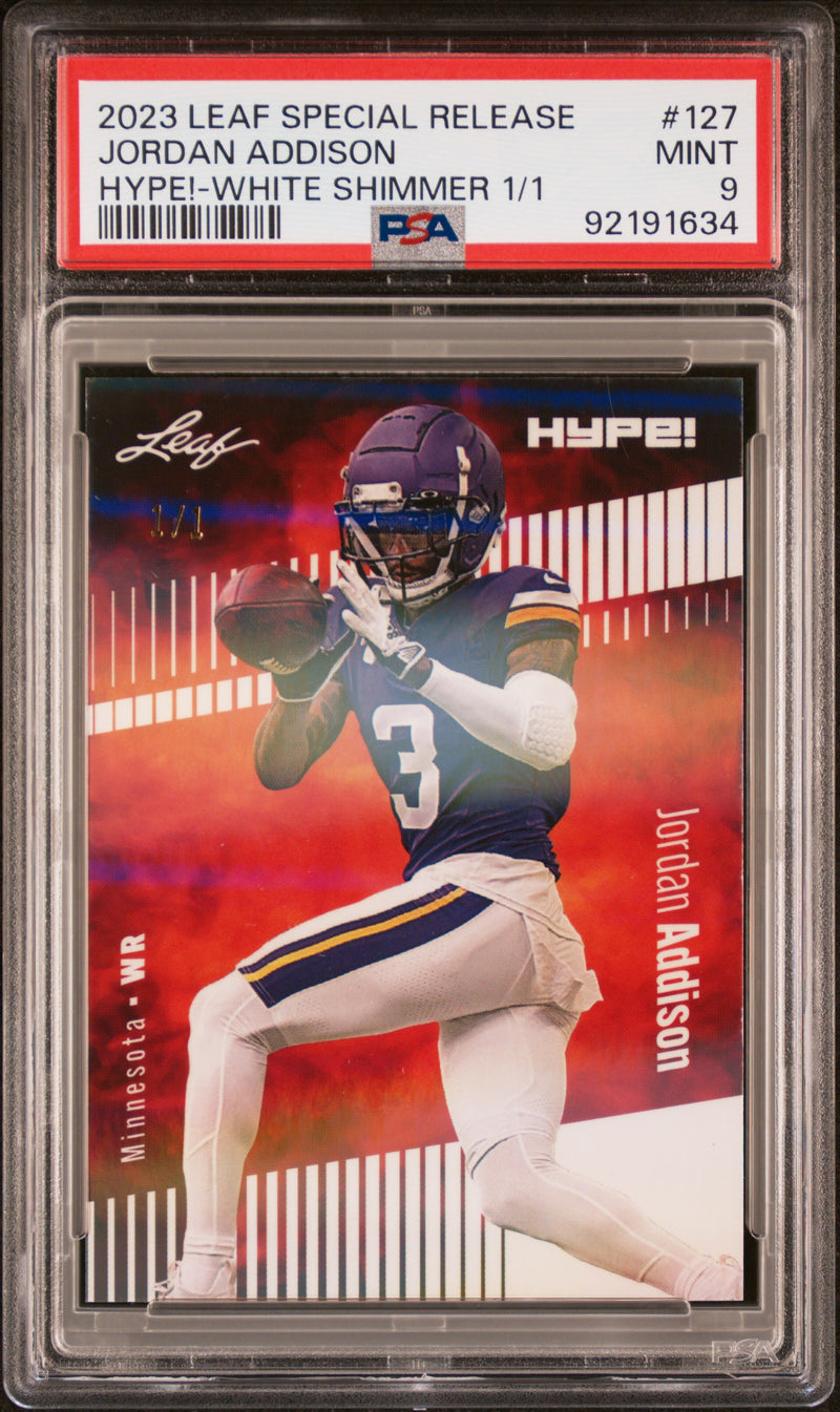 PSA 9 Jordan Addison 2023 Leaf HYPE #127 White Shimmer 1/1 Rookie Card Minnesota Vikings