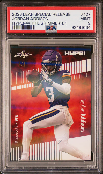 PSA 9 Jordan Addison 2023 Leaf Hype! #127 White Shimmer 1/1 Rookie Card