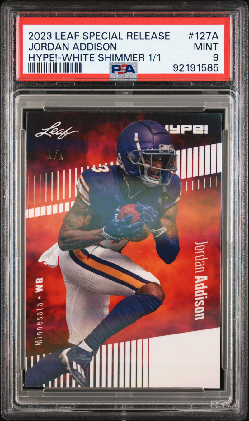 PSA 9 Jordan Addison 2023 Leaf HYPE #127A White Shimmer 1/1 Rookie Card Minnesota Vikings