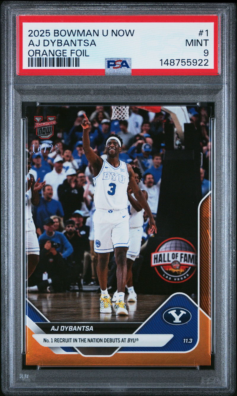 PSA 9 AJ Dybantsa 2025 Bowman University Now #1 Orange Foil #14/25 Rookie Card BYU