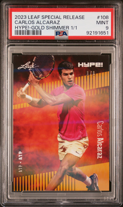 PSA 9 Carlos Alcaraz 2023 Leaf Hype! #108 Gold Shimmer 1/1 Rookie Card