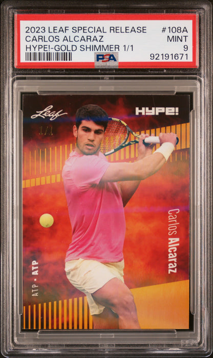 PSA 9 Carlos Alcaraz 2023 Leaf Hype! #108A Gold Shimmer 1/1 Rookie Card