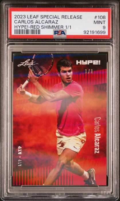 PSA 9 Carlos Alcaraz 2023 Leaf Hype! #108 Red Shimmer 1/1 Rookie Card