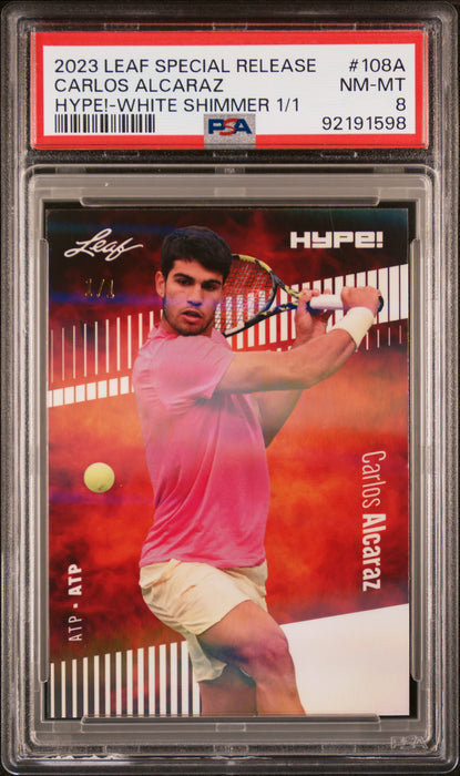 PSA 8 Carlos Alcaraz 2023 Leaf Hype! #108A White Shimmer 1/1 Rookie Card