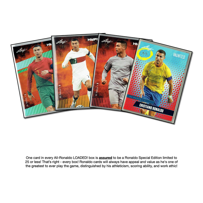 LOADED! All Cristiano Ronaldo Soccer Collector's Box: 4 Certified Mint+ Special Edition Trading Cards - Leaf HYPE! & Vaunted Only 5000 Made w/ 1 Numbered Card in Every Box!