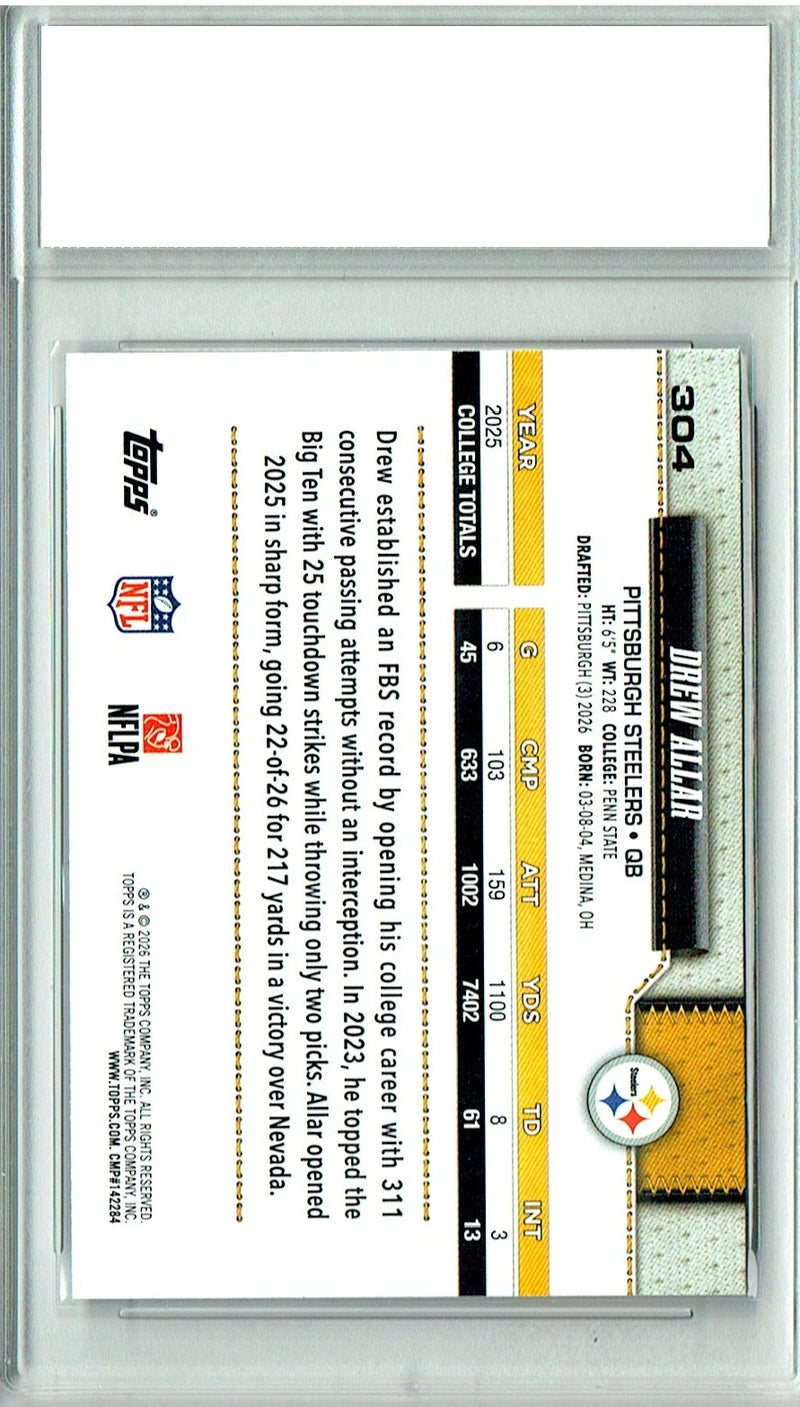 Drew Allar Rookie Card 2026 Topps #304 Flagship, Certified Mint+ Condition, Pittsburgh Steelers Football