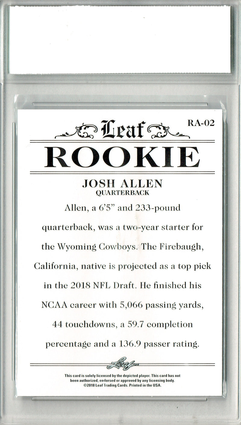 Josh Allen Rookie Card Buffalo PGI 10 Gem Mint Football Trading Card 2018 Leaf Exclusive #RA-02 Only 4,999 Made